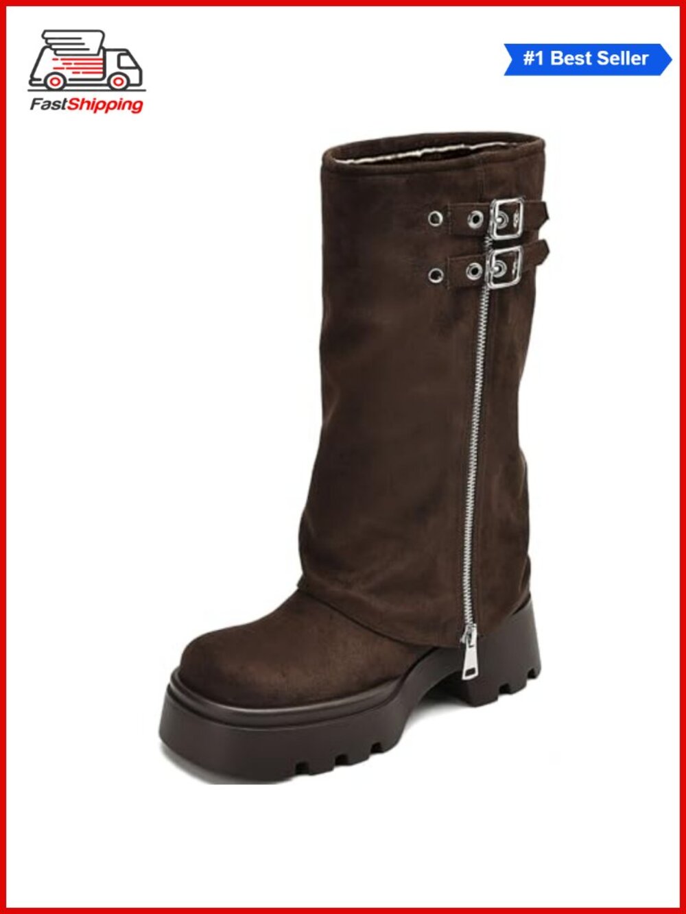 ✨ Knee High Moto Riding Boots Fold Over Block Heel Platform Faux Leather